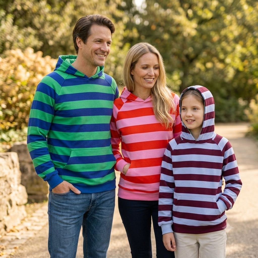Blockstreifen Soft Sweat aus 95 % Baumwolle und 5 % Elasthan in modernen Farbkombinationen – ideal für Hoodies, Sweatshirts und bequeme Freizeitmode.