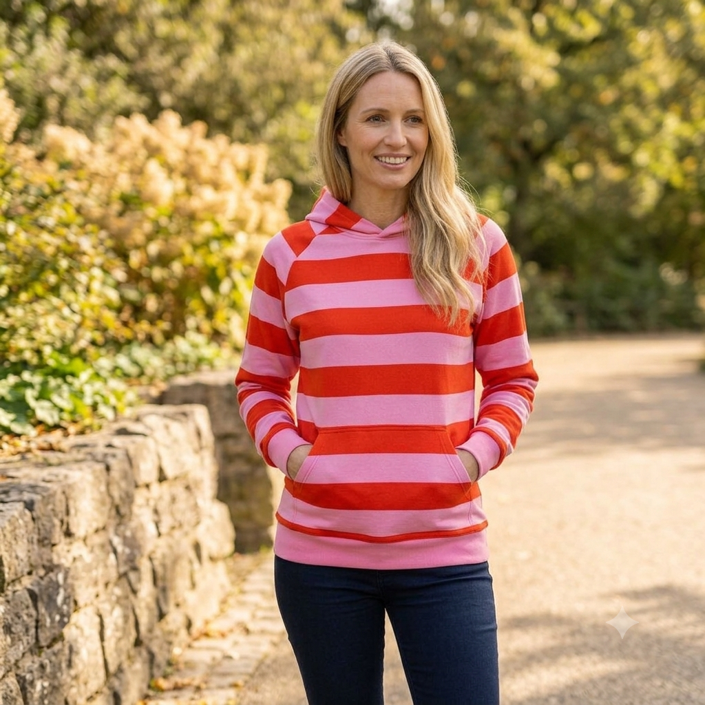 Blockstreifen Soft Sweat aus 95 % Baumwolle und 5 % Elasthan in modernen Farbkombinationen – ideal für Hoodies, Sweatshirts und bequeme Freizeitmode.