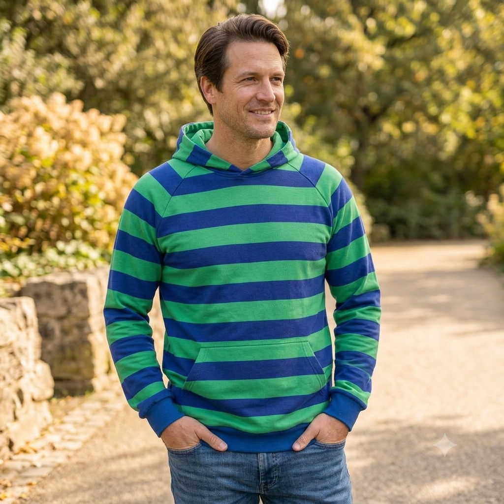 Blockstreifen Soft Sweat aus 95 % Baumwolle und 5 % Elasthan in modernen Farbkombinationen – ideal für Hoodies, Sweatshirts und bequeme Freizeitmode.