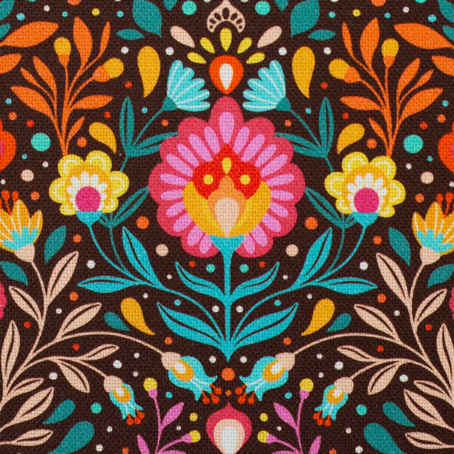 Robuster Baumwoll-Canvas mit buntem Folk-Blumenmuster im Retro- und Boho-Stil auf dunklem Hintergrund – ideal für Taschen, Dekorationen und kreative Nähprojekte.