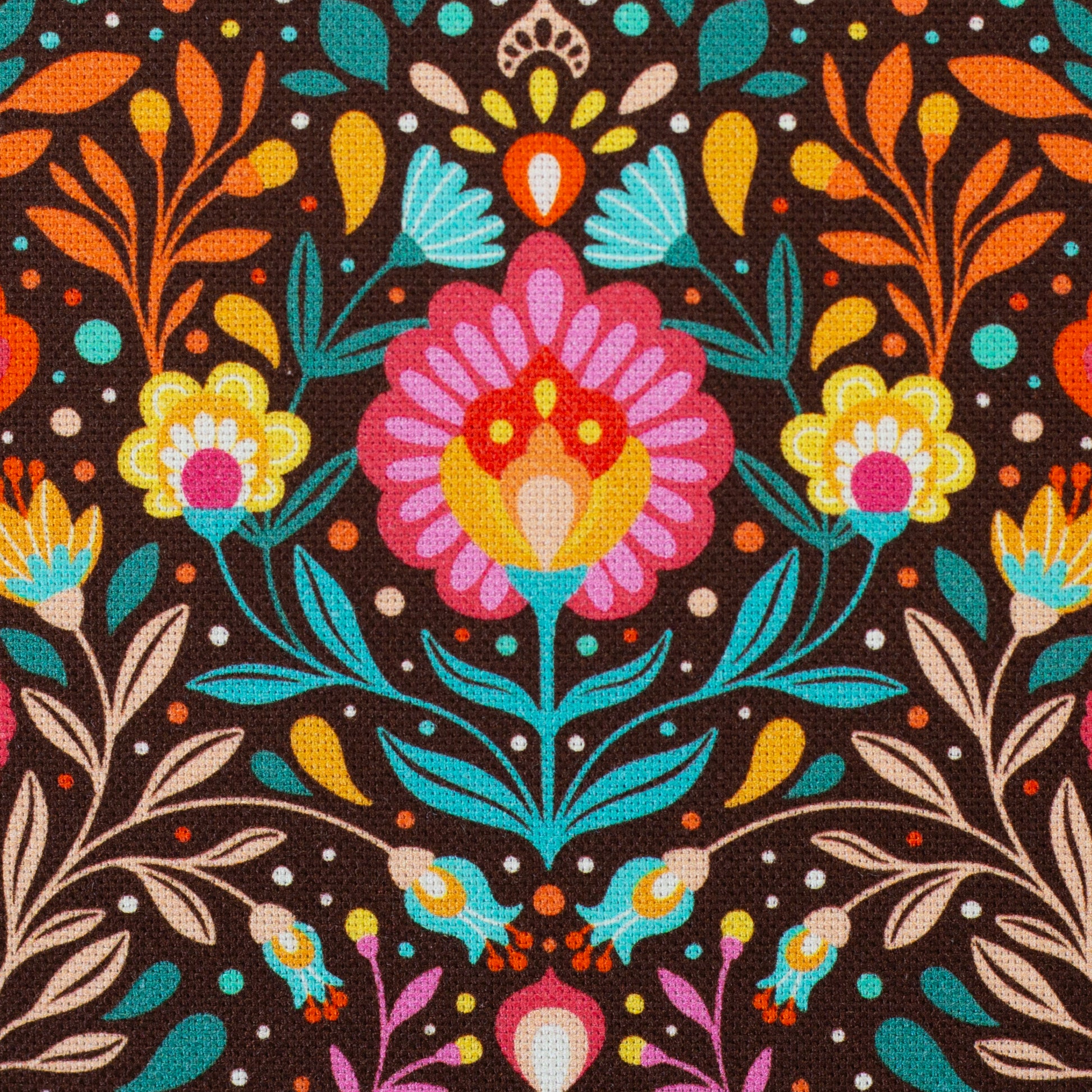 Robuster Baumwoll-Canvas mit buntem Folk-Blumenmuster im Retro- und Boho-Stil auf dunklem Hintergrund – ideal für Taschen, Dekorationen und kreative Nähprojekte.