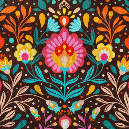 Robuster Baumwoll-Canvas mit buntem Folk-Blumenmuster im Retro- und Boho-Stil auf dunklem Hintergrund – ideal für Taschen, Dekorationen und kreative Nähprojekte.