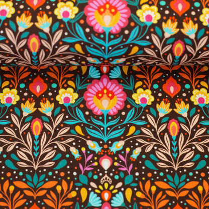 Robuster Baumwoll-Canvas mit buntem Folk-Blumenmuster im Retro- und Boho-Stil auf dunklem Hintergrund – ideal für Taschen, Dekorationen und kreative Nähprojekte.