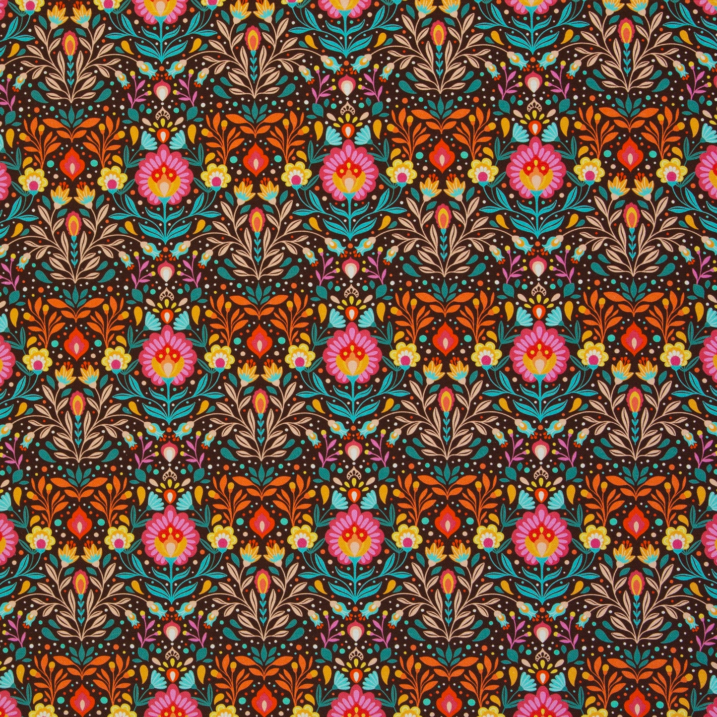 Robuster Baumwoll-Canvas mit buntem Folk-Blumenmuster im Retro- und Boho-Stil auf dunklem Hintergrund – ideal für Taschen, Dekorationen und kreative Nähprojekte.
