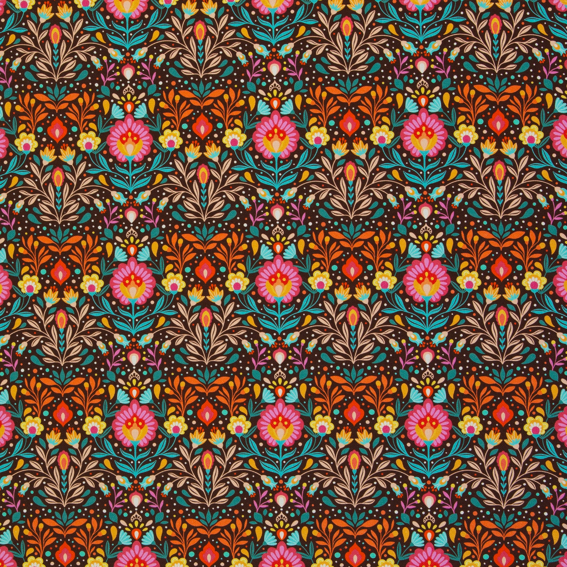 Robuster Baumwoll-Canvas mit buntem Folk-Blumenmuster im Retro- und Boho-Stil auf dunklem Hintergrund – ideal für Taschen, Dekorationen und kreative Nähprojekte.