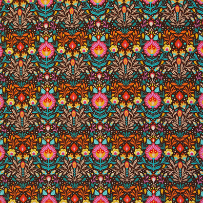 Robuster Baumwoll-Canvas mit buntem Folk-Blumenmuster im Retro- und Boho-Stil auf dunklem Hintergrund – ideal für Taschen, Dekorationen und kreative Nähprojekte.