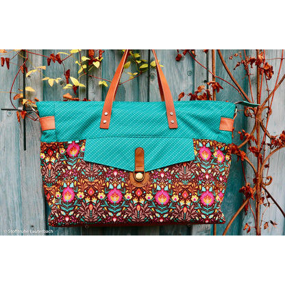 Robuster Baumwoll-Canvas mit buntem Folk-Blumenmuster im Retro- und Boho-Stil auf dunklem Hintergrund – ideal für Taschen, Dekorationen und kreative Nähprojekte.