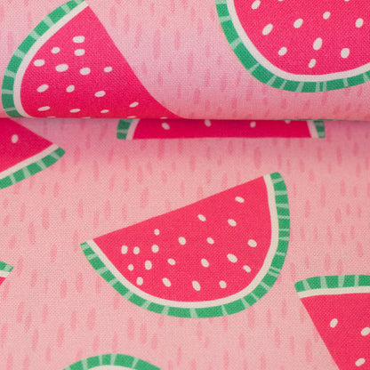Canvas aus 100 % Baumwolle mit pinken Wassermelonen auf rosa Hintergrund – robuster Dekostoff von Swafing für Taschen und Wohnaccessoires.