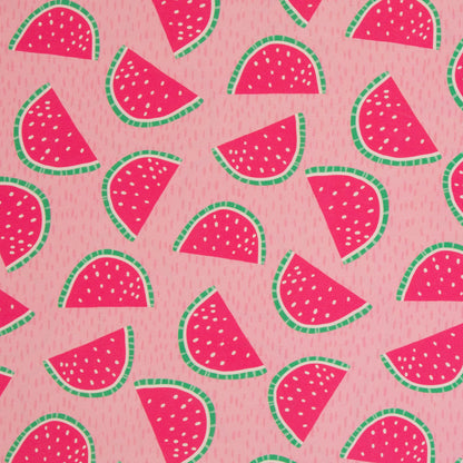 Canvas aus 100 % Baumwolle mit pinken Wassermelonen auf rosa Hintergrund – robuster Dekostoff von Swafing für Taschen und Wohnaccessoires.