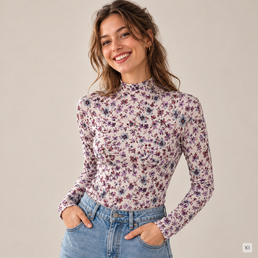 Rippjersey „Blumenwiese“ – Digitaldruck auf Creme