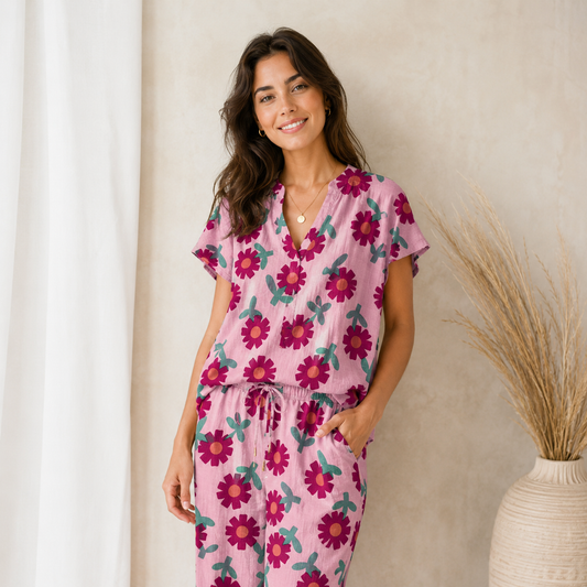 Musselin Blumen auf rosa GOTS - design by Jennifer Bouron