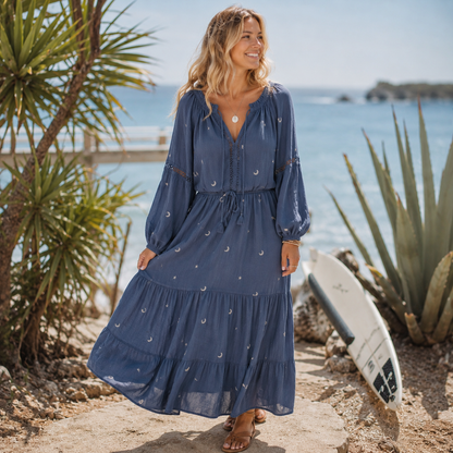 Musselin "Stickerei Mond & Sterne" auf jeansblau