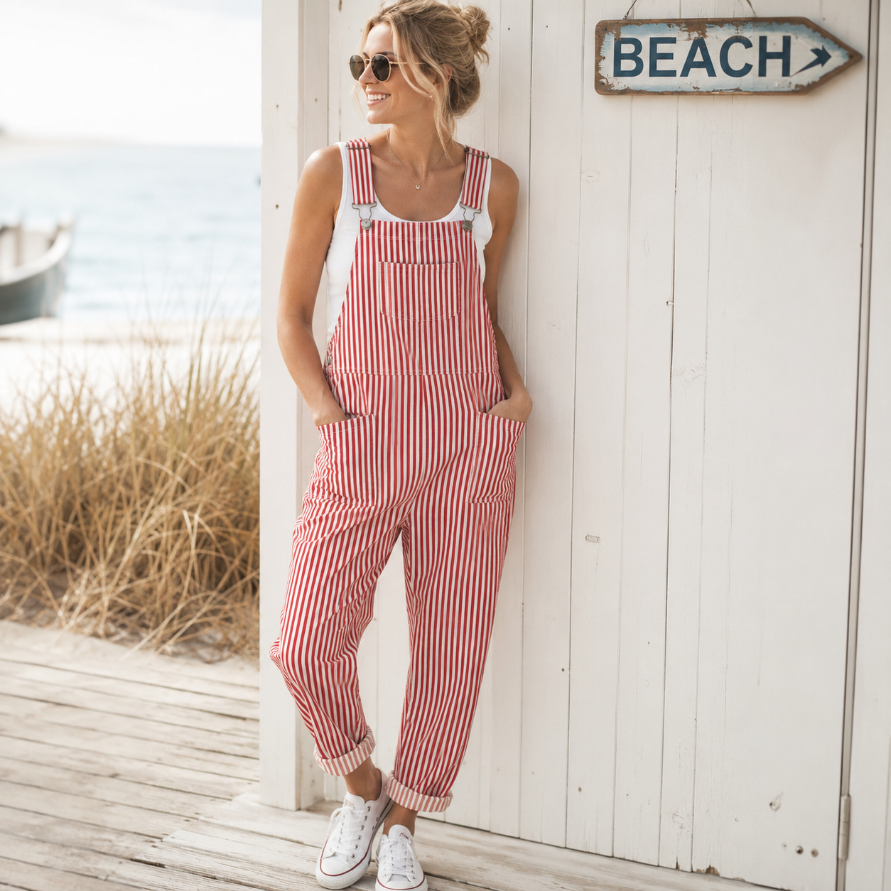 Denim Streifen 1cm rot/weißen - Workweare Look
