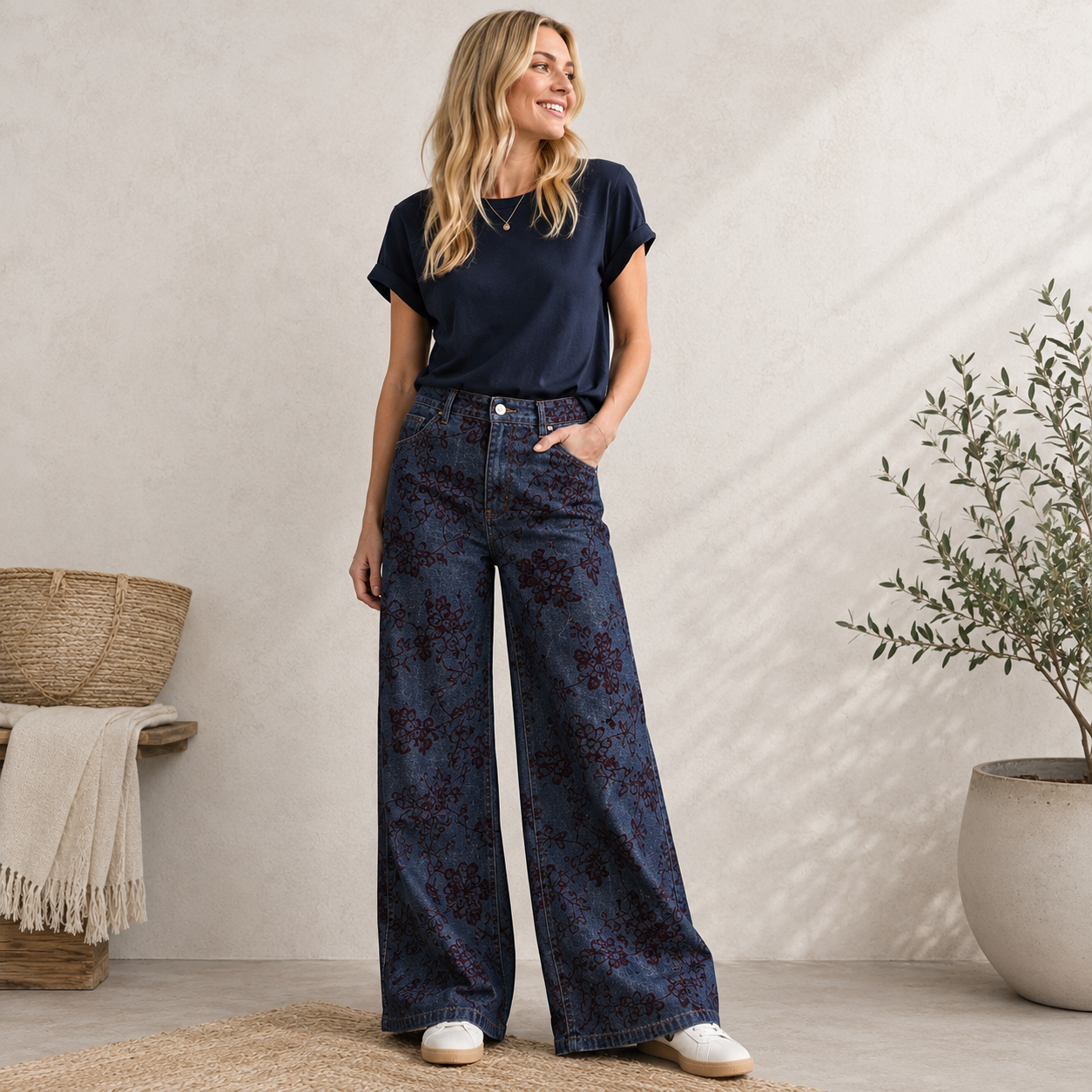 Denim mit Blumenmuster -Cenille jacquard - dunkel
