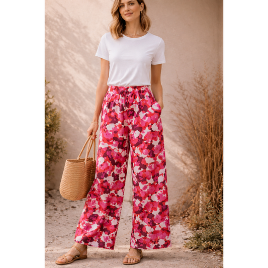 Fließender Viskose Twill Stoff „Soma Pink“ von mind the MAKER mit floralem Muster in Pink-, Rot- und Beerentönen, ideal für Kleider, Blusen und Sommerhosen