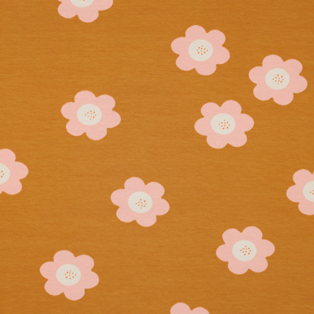 French Terry mit großen rosa Blüten auf senfgelbem oder salbeigrünem Hintergrund aus 95 % Baumwolle und 5 % Elasthan – ideal für Hoodies, Kinderkleidung und bequeme Freizeitmode.