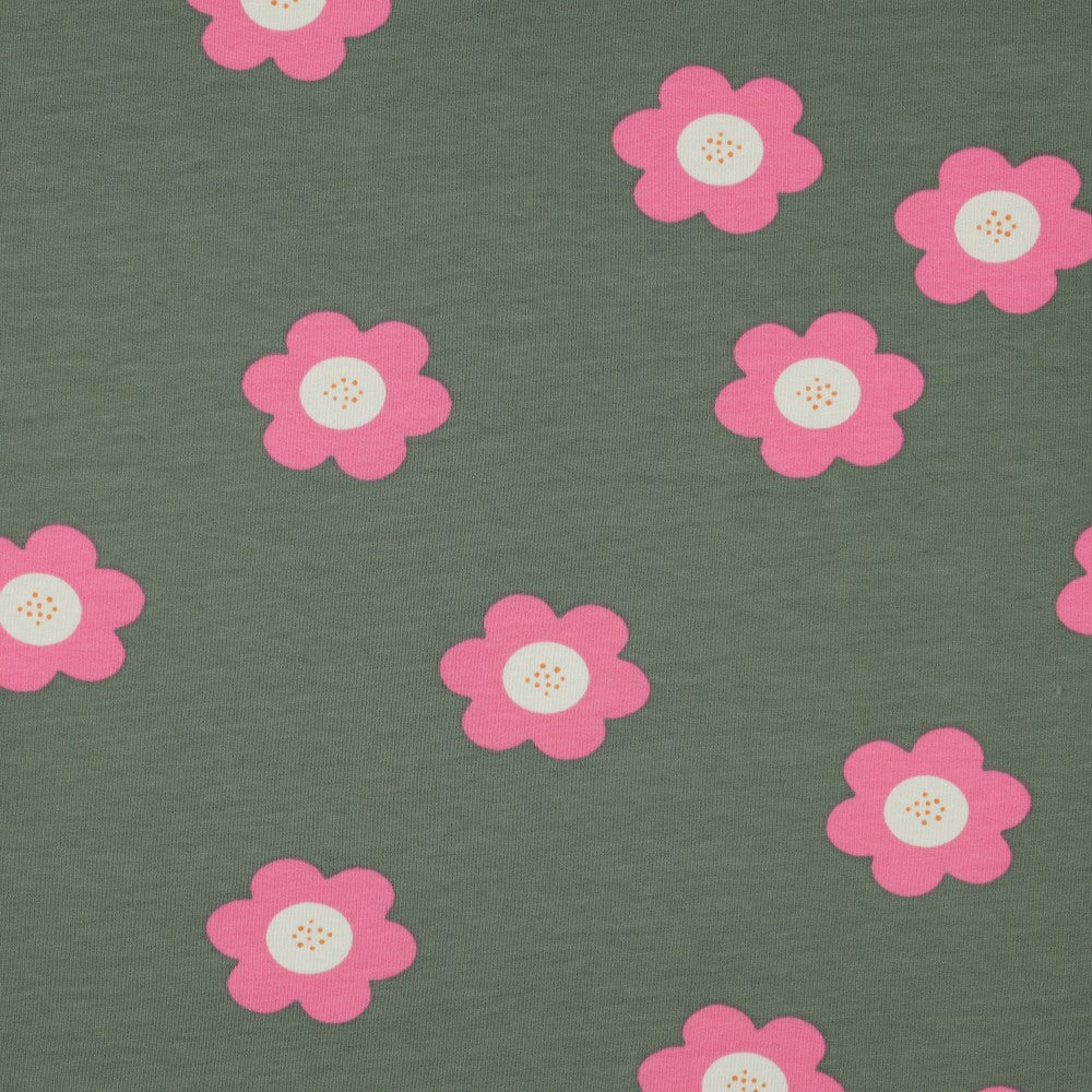 French Terry mit großen rosa Blüten auf senfgelbem oder salbeigrünem Hintergrund aus 95 % Baumwolle und 5 % Elasthan – ideal für Hoodies, Kinderkleidung und bequeme Freizeitmode.