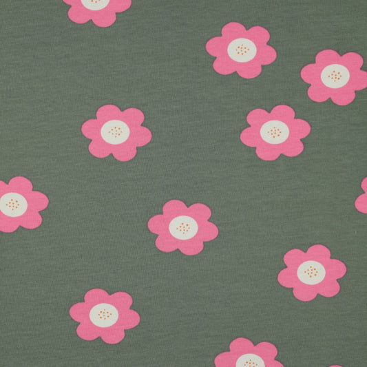French Terry mit großen rosa Blüten auf senfgelbem oder salbeigrünem Hintergrund aus 95 % Baumwolle und 5 % Elasthan – ideal für Hoodies, Kinderkleidung und bequeme Freizeitmode.