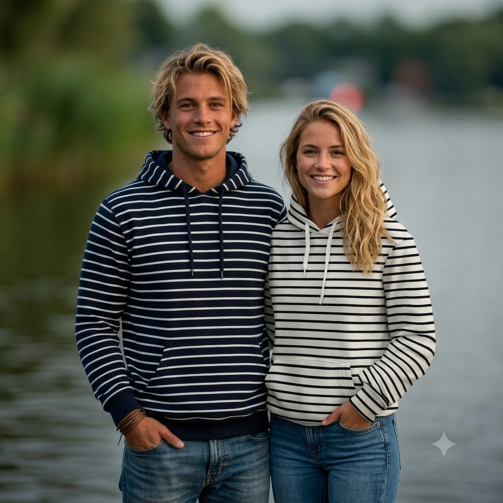 Klassischer French Terry mit feinen maritimen Streifen in Ecru-Schwarz oder Dunkelblau-Weiß aus 95 % Baumwolle und 5 % Elasthan – ideal für Hoodies, Kinderkleidung und zeitlose Freizeitmode.