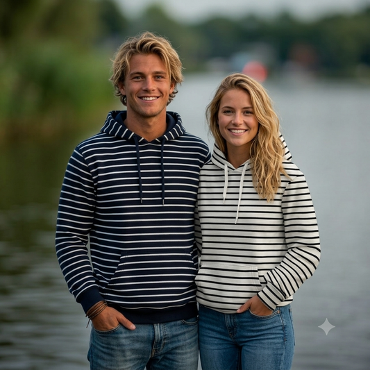 Klassischer French Terry mit feinen maritimen Streifen in Ecru-Schwarz oder Dunkelblau-Weiß aus 95 % Baumwolle und 5 % Elasthan – ideal für Hoodies, Kinderkleidung und zeitlose Freizeitmode.