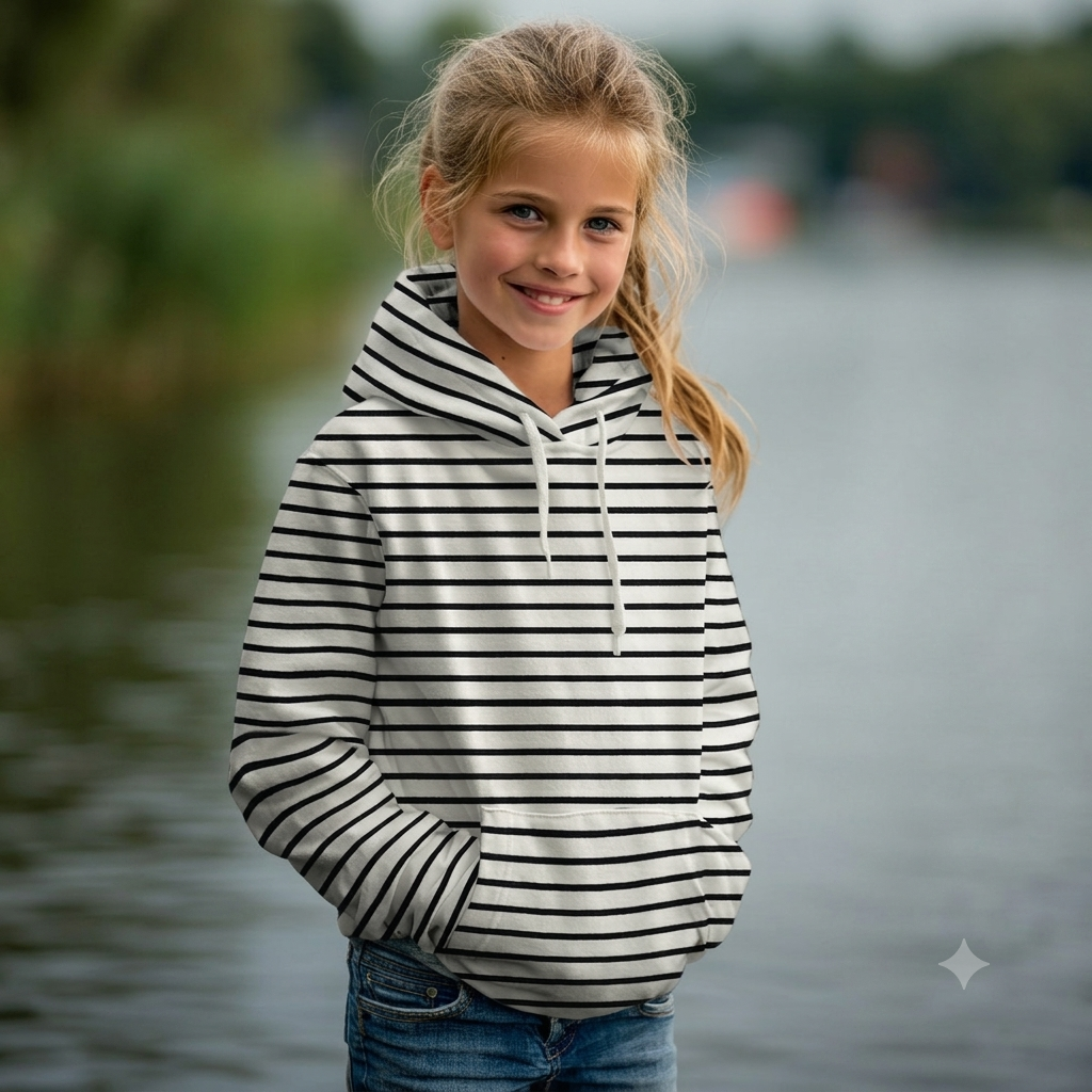 Klassischer French Terry mit feinen maritimen Streifen in Ecru-Schwarz oder Dunkelblau-Weiß aus 95 % Baumwolle und 5 % Elasthan – ideal für Hoodies, Kinderkleidung und zeitlose Freizeitmode.