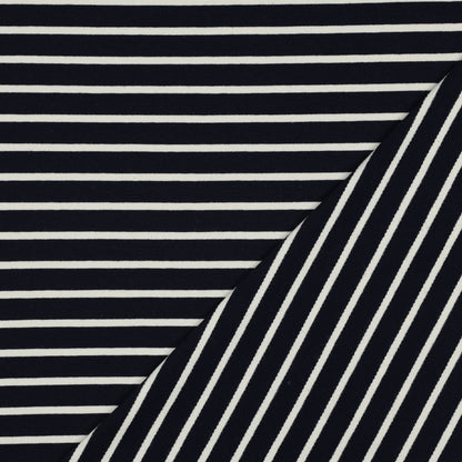 Klassischer French Terry mit feinen maritimen Streifen in Ecru-Schwarz oder Dunkelblau-Weiß aus 95 % Baumwolle und 5 % Elasthan – ideal für Hoodies, Kinderkleidung und zeitlose Freizeitmode.