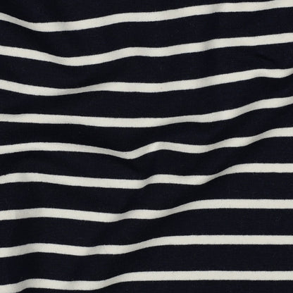Klassischer French Terry mit feinen maritimen Streifen in Ecru-Schwarz oder Dunkelblau-Weiß aus 95 % Baumwolle und 5 % Elasthan – ideal für Hoodies, Kinderkleidung und zeitlose Freizeitmode.