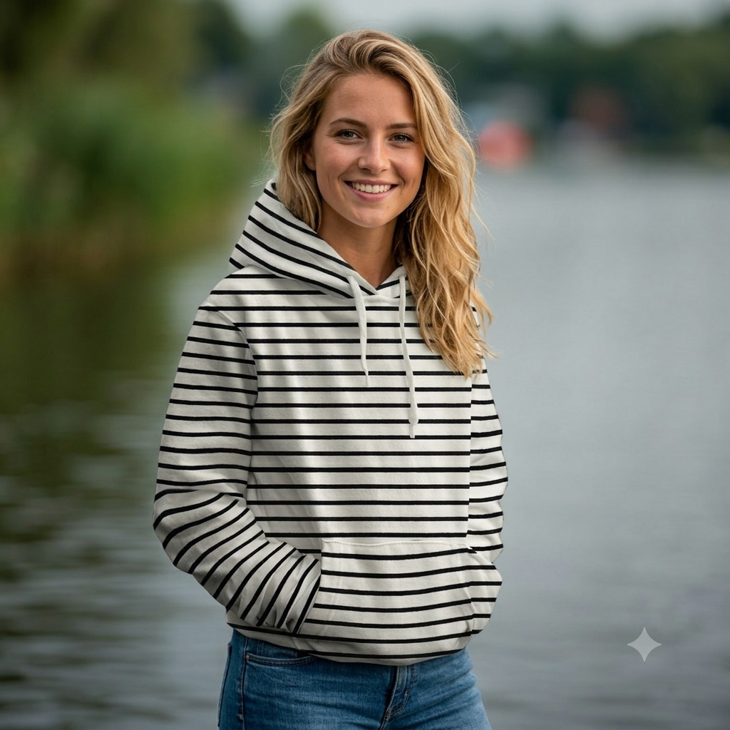 Klassischer French Terry mit feinen maritimen Streifen in Ecru-Schwarz oder Dunkelblau-Weiß aus 95 % Baumwolle und 5 % Elasthan – ideal für Hoodies, Kinderkleidung und zeitlose Freizeitmode.