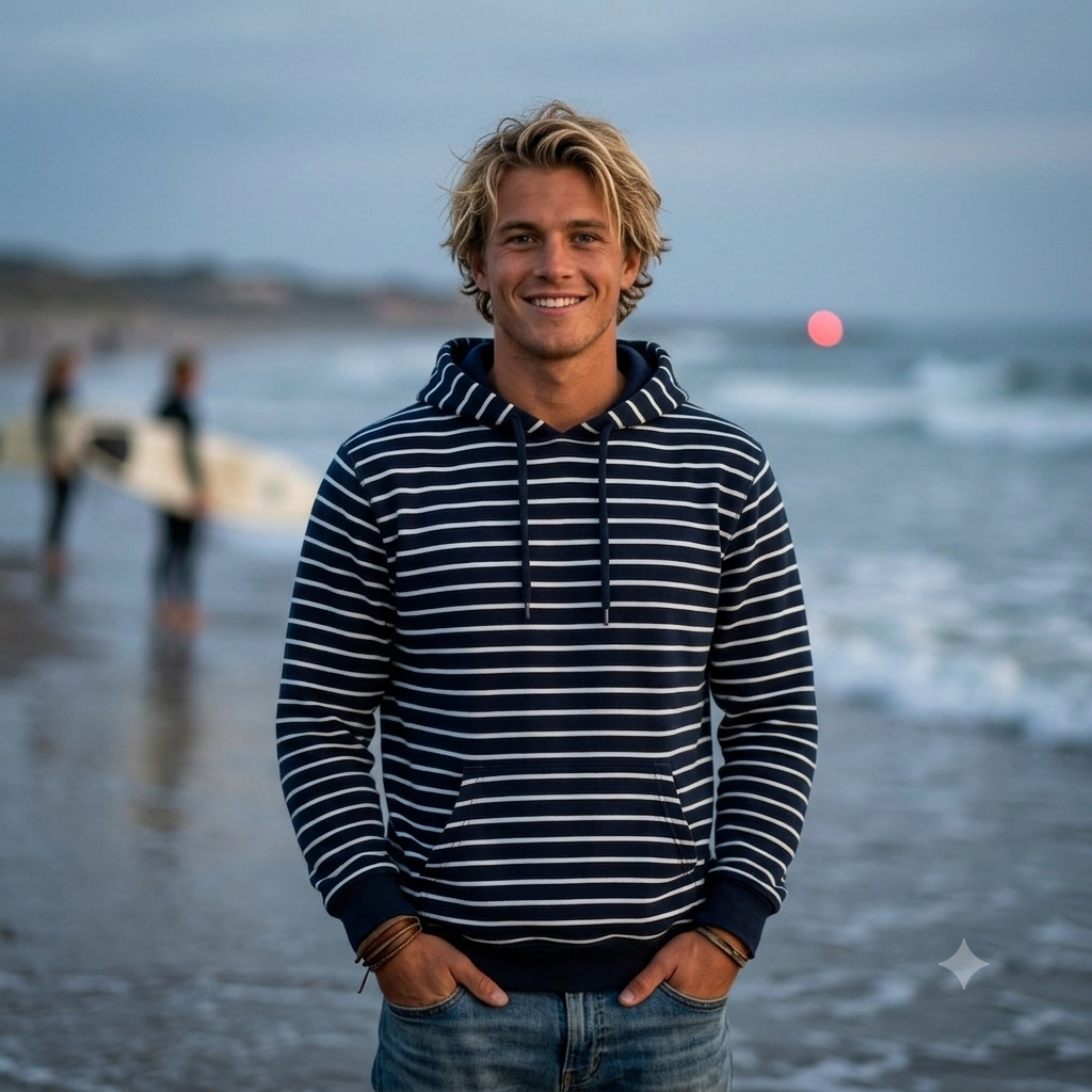 Klassischer French Terry mit feinen maritimen Streifen in Ecru-Schwarz oder Dunkelblau-Weiß aus 95 % Baumwolle und 5 % Elasthan – ideal für Hoodies, Kinderkleidung und zeitlose Freizeitmode.