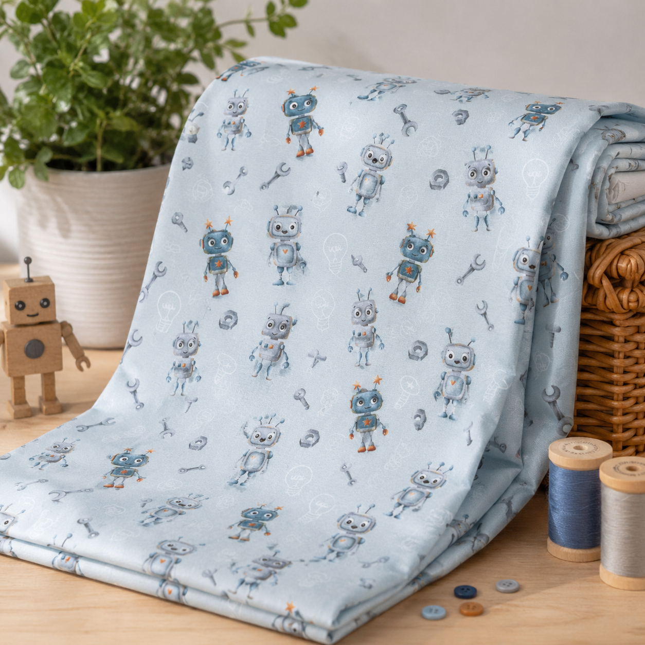 Hellblauer Baumwolljersey mit niedlichen Robotern, Werkzeugen und Technik-Motiven – Design „Hello Robot“ von Mrs. Mint Design für Swafing