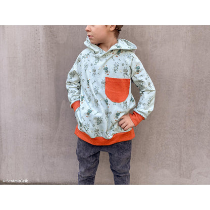 Hellblauer Baumwolljersey mit niedlichen Robotern, Werkzeugen und Technik-Motiven – Design „Hello Robot“ von Mrs. Mint Design für Swafing