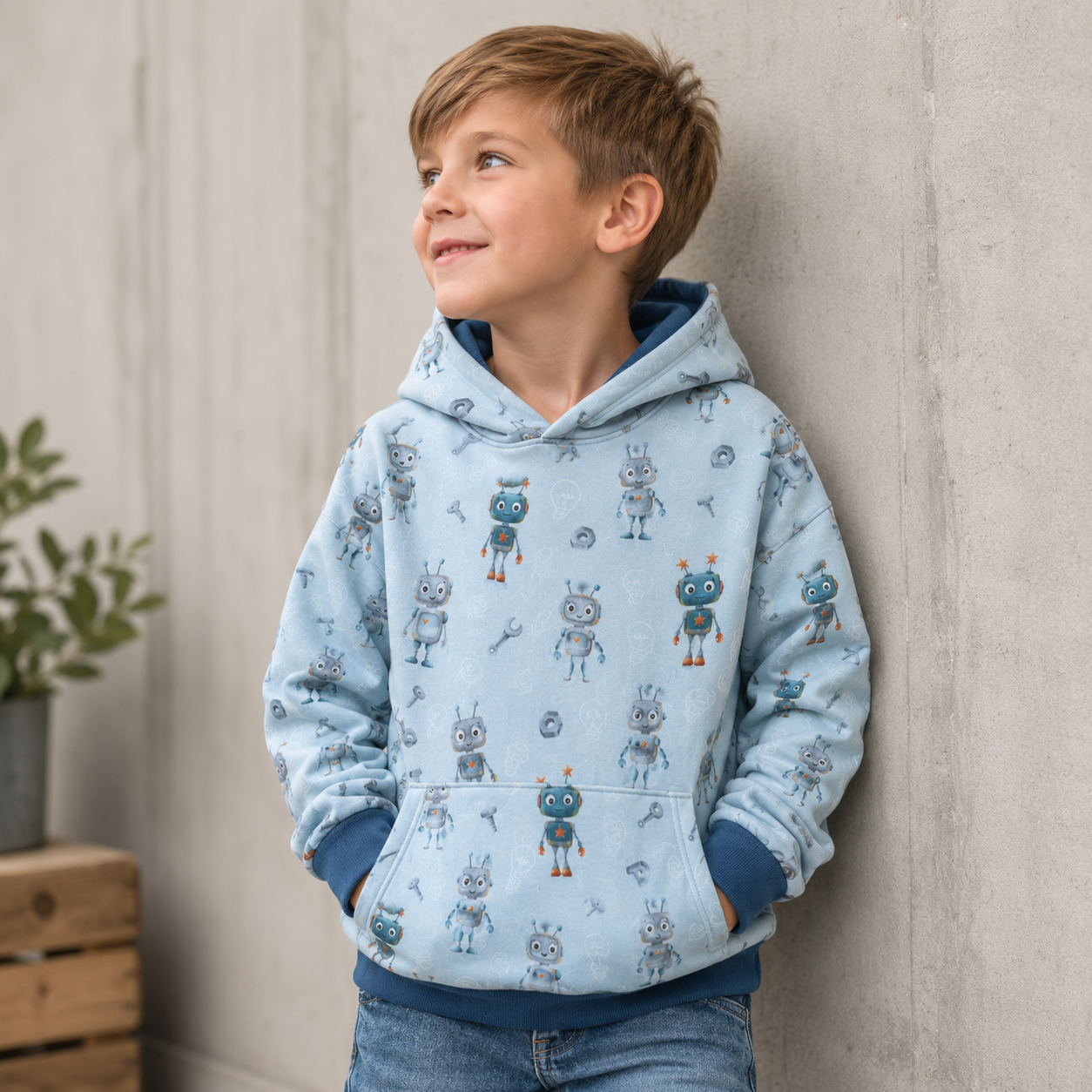Hellblauer Baumwolljersey mit niedlichen Robotern, Werkzeugen und Technik-Motiven – Design „Hello Robot“ von Mrs. Mint Design für Swafing