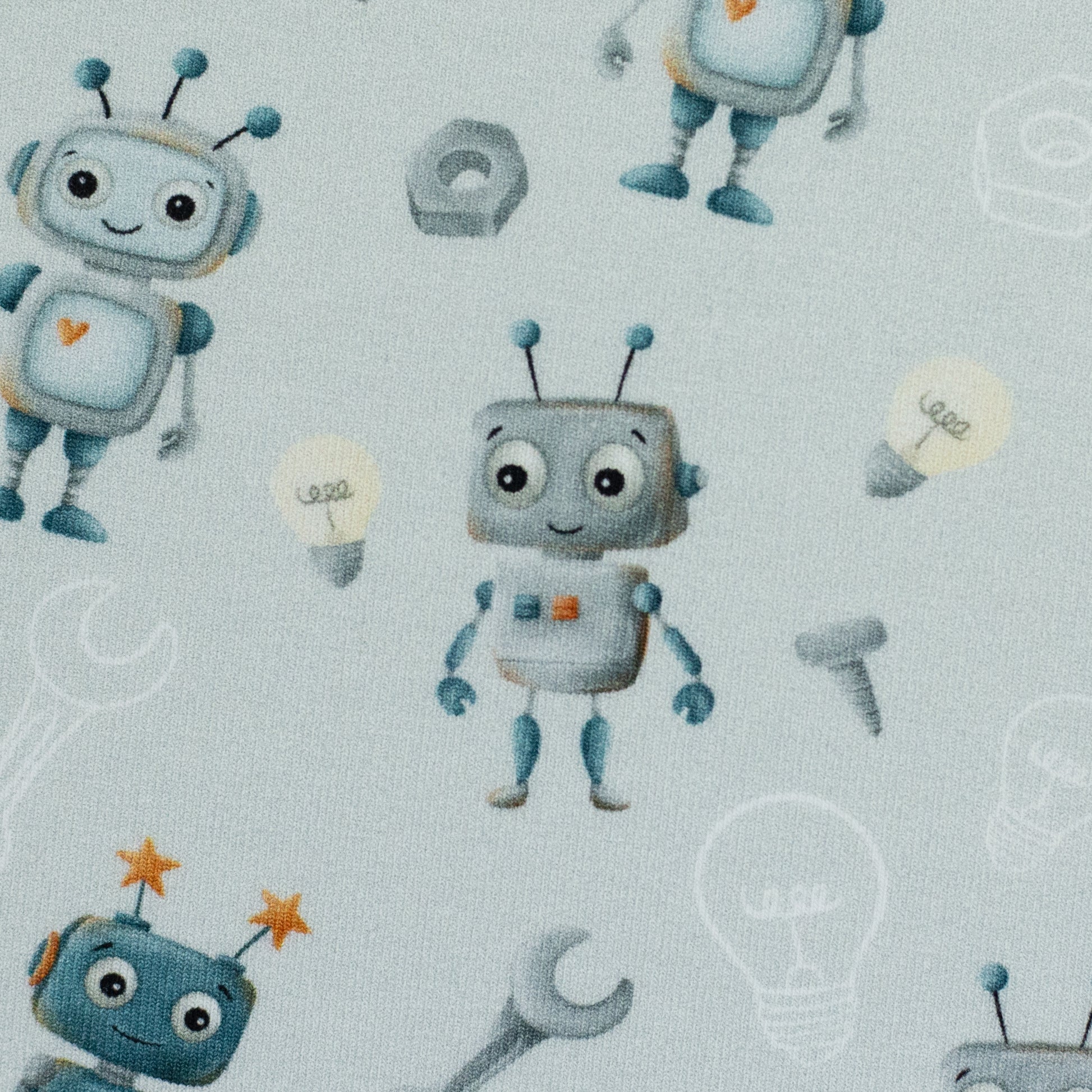 Hellblauer Baumwolljersey mit niedlichen Robotern, Werkzeugen und Technik-Motiven – Design „Hello Robot“ von Mrs. Mint Design für Swafing