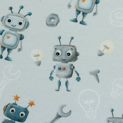 Hellblauer Baumwolljersey mit niedlichen Robotern, Werkzeugen und Technik-Motiven – Design „Hello Robot“ von Mrs. Mint Design für Swafing
