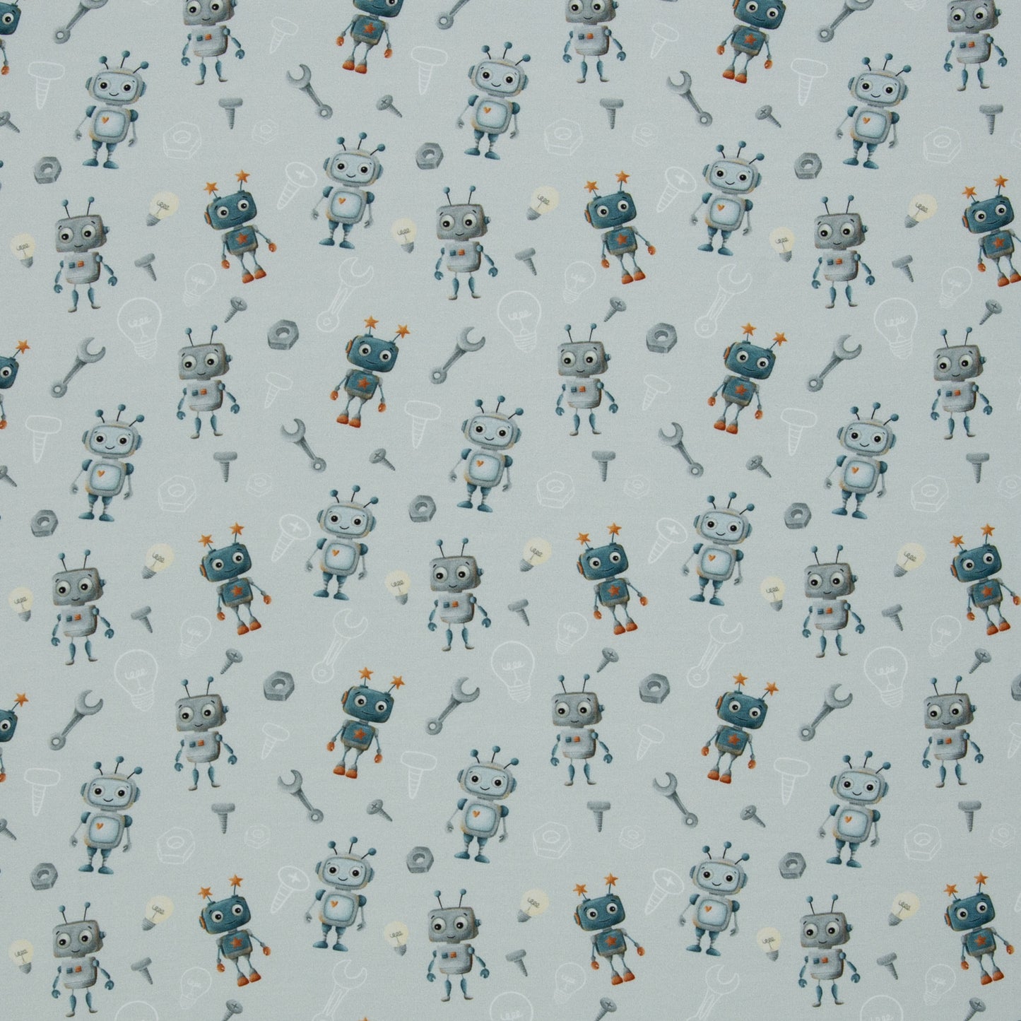 Hellblauer Baumwolljersey mit niedlichen Robotern, Werkzeugen und Technik-Motiven – Design „Hello Robot“ von Mrs. Mint Design für Swafing