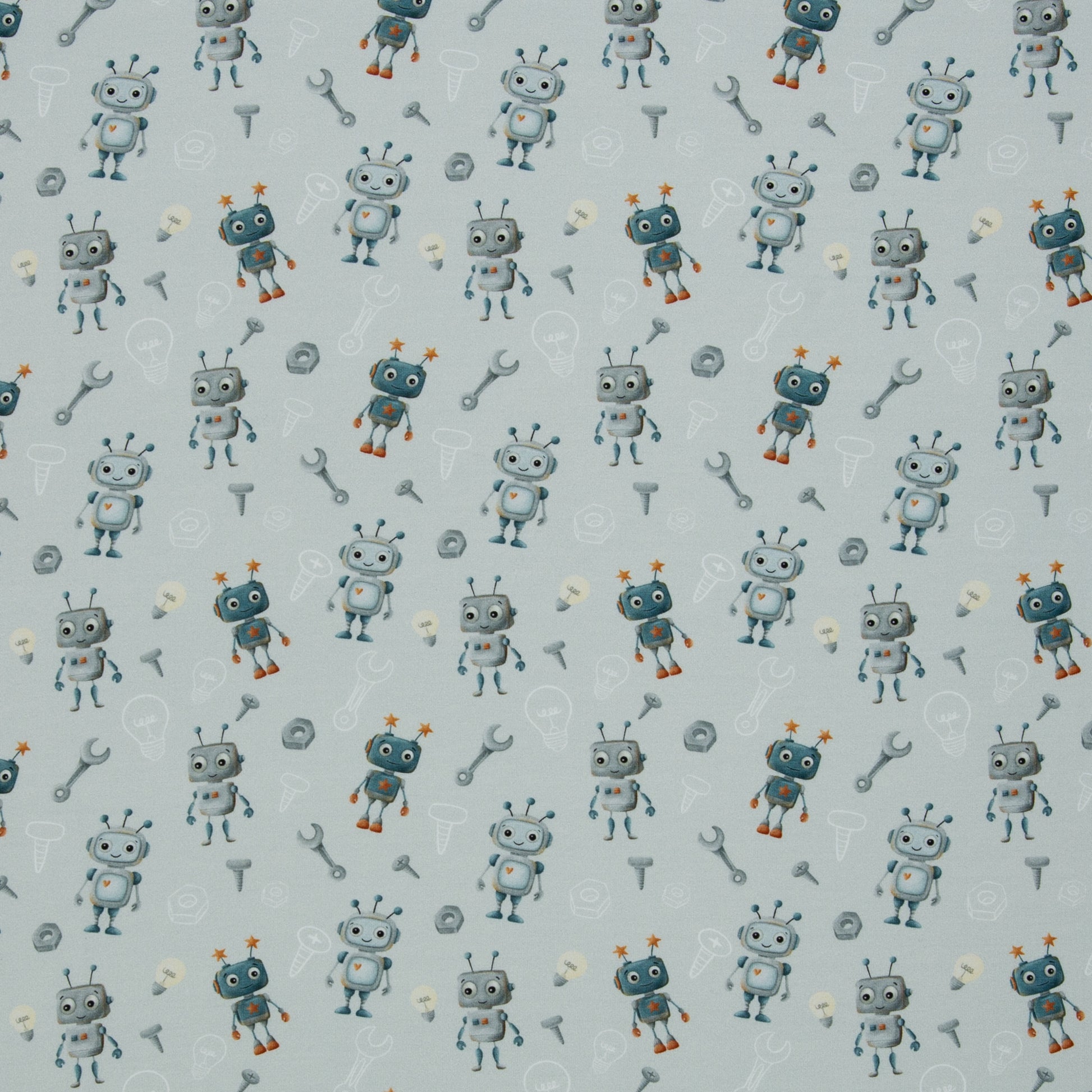Hellblauer Baumwolljersey mit niedlichen Robotern, Werkzeugen und Technik-Motiven – Design „Hello Robot“ von Mrs. Mint Design für Swafing