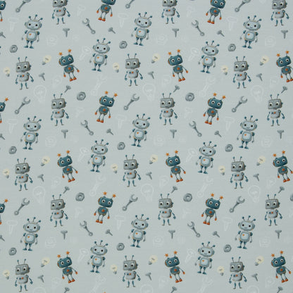 Hellblauer Baumwolljersey mit niedlichen Robotern, Werkzeugen und Technik-Motiven – Design „Hello Robot“ von Mrs. Mint Design für Swafing
