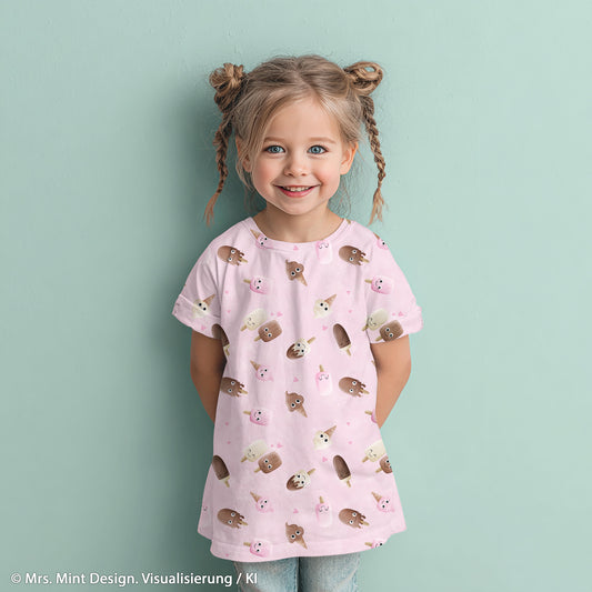 Rosa Baumwolljersey mit niedlichen Eis-Motiven und kleinen Herzen – Design „Too Cute to Melt“ von Mrs. Mint Design für Swafing.