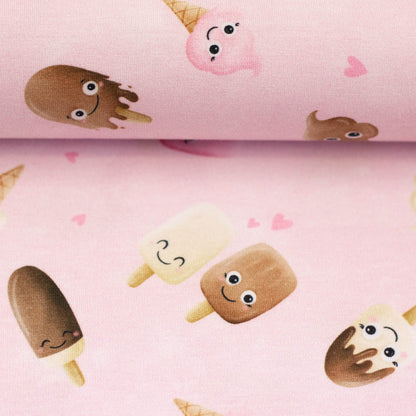 Rosa Baumwolljersey mit niedlichen Eis-Motiven und kleinen Herzen – Design „Too Cute to Melt“ von Mrs. Mint Design für Swafing.