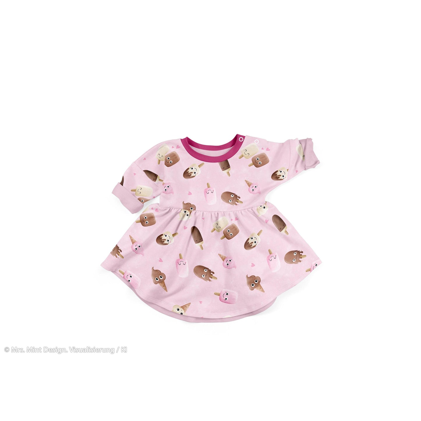 Rosa Baumwolljersey mit niedlichen Eis-Motiven und kleinen Herzen – Design „Too Cute to Melt“ von Mrs. Mint Design für Swafing.