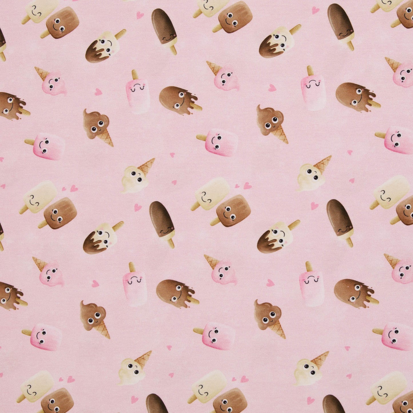 Rosa Baumwolljersey mit niedlichen Eis-Motiven und kleinen Herzen – Design „Too Cute to Melt“ von Mrs. Mint Design für Swafing.