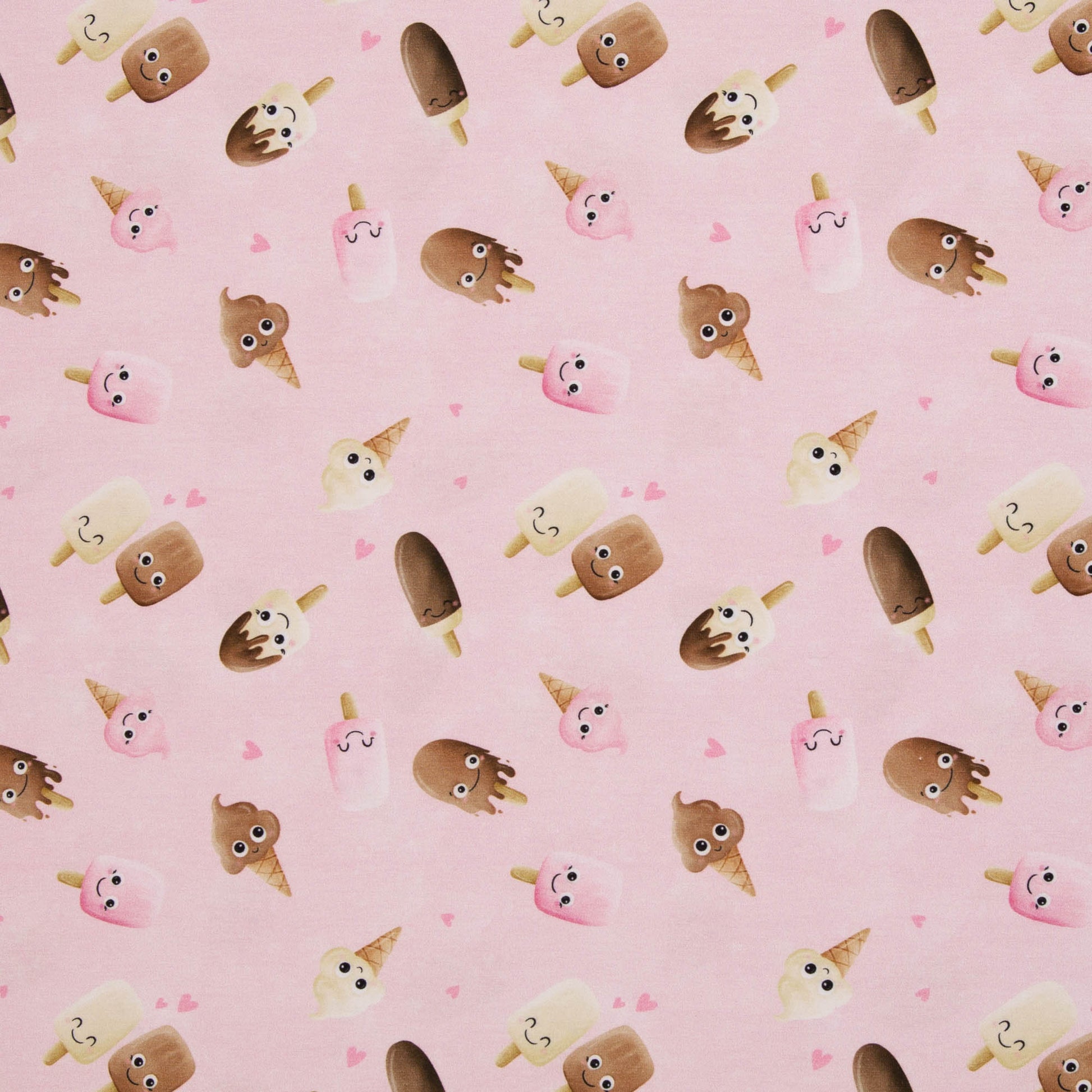 Rosa Baumwolljersey mit niedlichen Eis-Motiven und kleinen Herzen – Design „Too Cute to Melt“ von Mrs. Mint Design für Swafing.