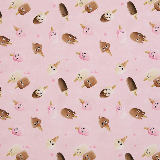 Rosa Baumwolljersey mit niedlichen Eis-Motiven und kleinen Herzen – Design „Too Cute to Melt“ von Mrs. Mint Design für Swafing.