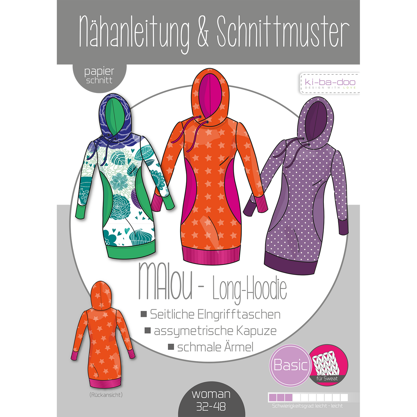 Papierschnitt Long-Hoodie Malou | Größe 32-58