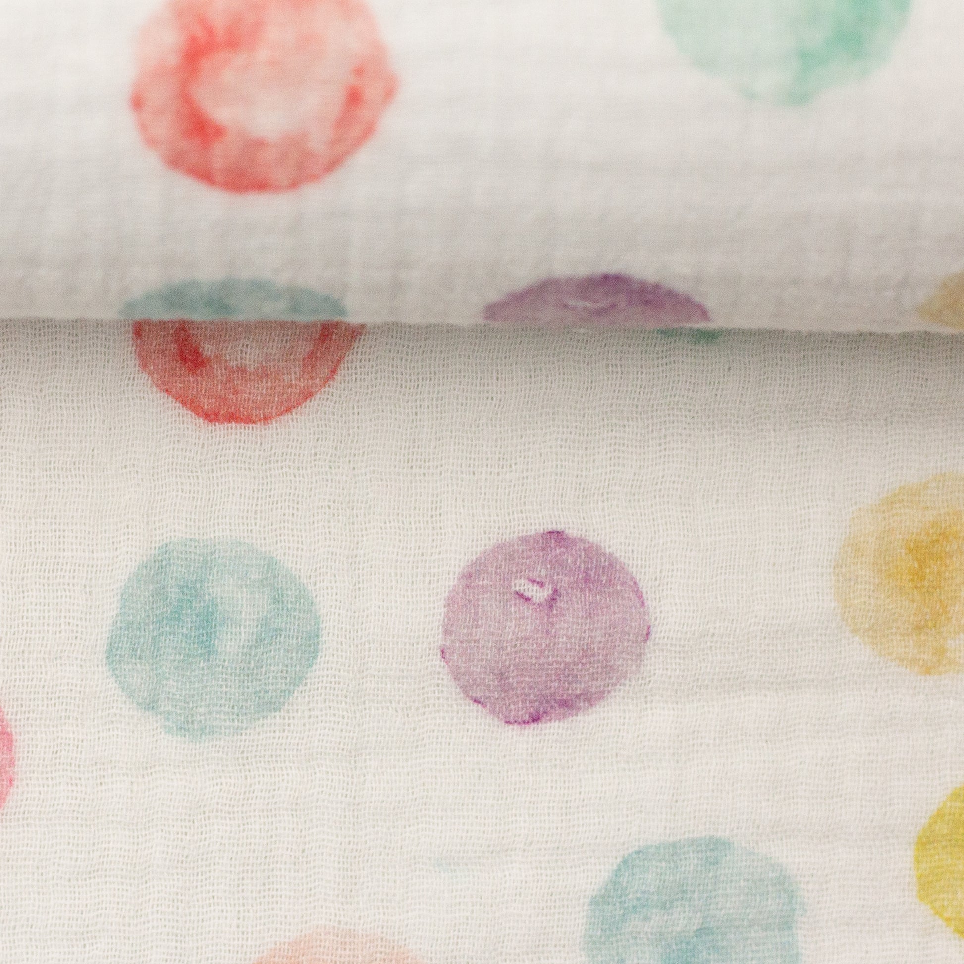 Weißer Musselin von Swafing mit bunten Aquarell-Punkten in Pastellfarben – weicher Baumwollstoff für sommerliche Kleidung, Babyprojekte und Accessoires.