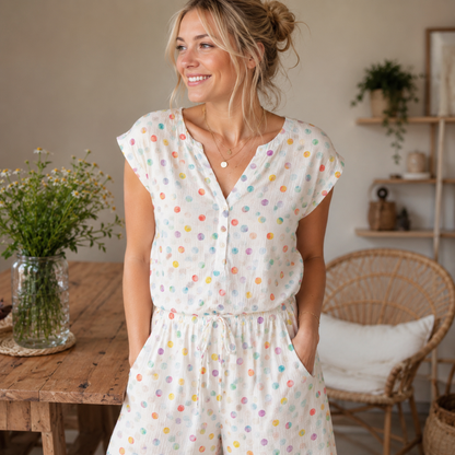 Weißer Musselin von Swafing mit bunten Aquarell-Punkten in Pastellfarben – weicher Baumwollstoff für sommerliche Kleidung, Babyprojekte und Accessoires.