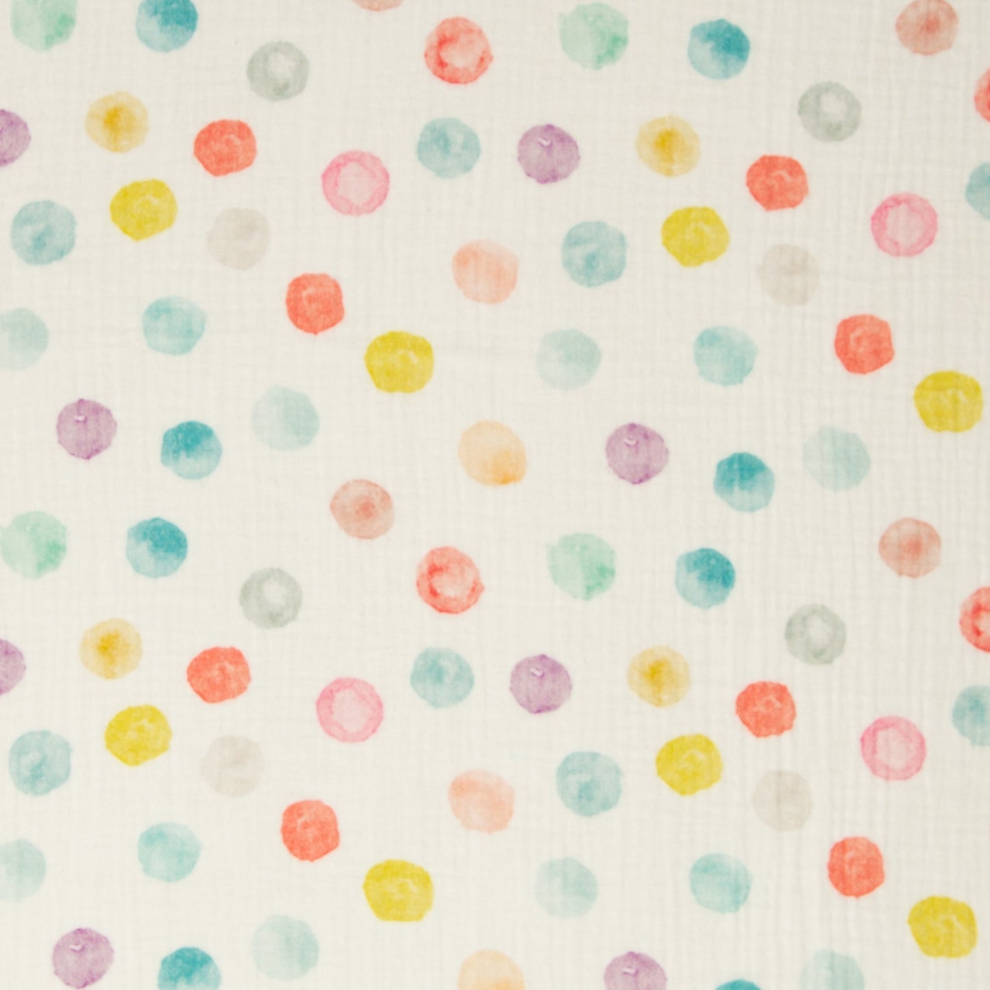 Weißer Musselin von Swafing mit bunten Aquarell-Punkten in Pastellfarben – weicher Baumwollstoff für sommerliche Kleidung, Babyprojekte und Accessoires.