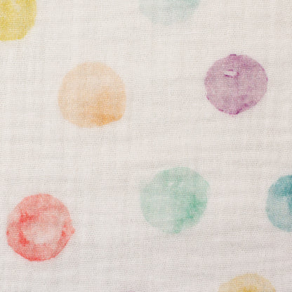 Weißer Musselin von Swafing mit bunten Aquarell-Punkten in Pastellfarben – weicher Baumwollstoff für sommerliche Kleidung, Babyprojekte und Accessoires.