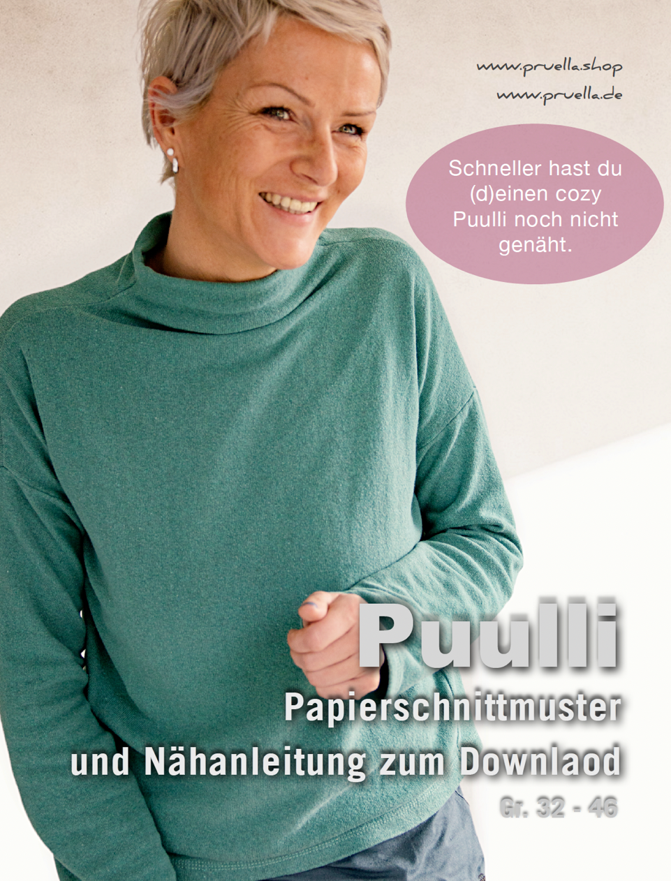 Papierschnitt Puulli von Prülla für Damen – schnell genähter Pullover mit lockerer Passform, ideal für French Terry, Strick und kreative Stoffkombinationen.