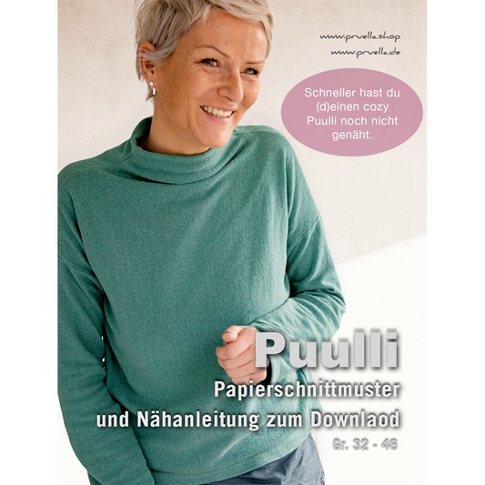 Papierschnitt Puulli von Prülla für Damen – schnell genähter Pullover mit lockerer Passform, ideal für French Terry, Strick und kreative Stoffkombinationen.